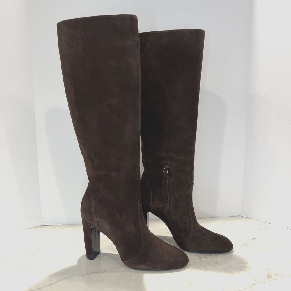 Stuart Weitzman NEW VIDA Womens 9.5 Brown Suede Tall‎ Side Zip Heeled Boots
